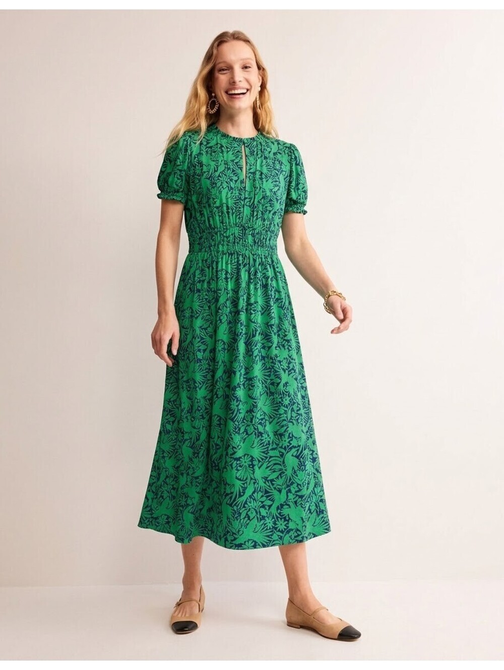 Boden Rosanna Ruched Midi Tea Dress Green Botanical Bird Print US 16-18R NWOT